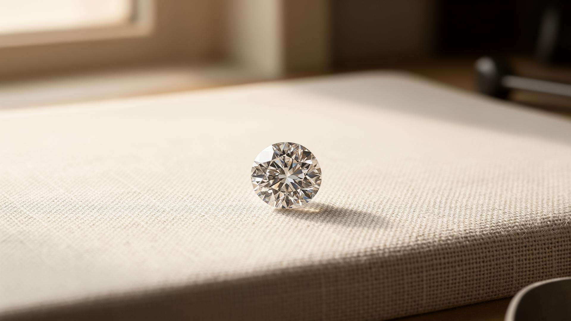 Soft morning light on a polished round brilliant diamond resting on a clean linen workbench, the wholesale diamond market coming into focus.