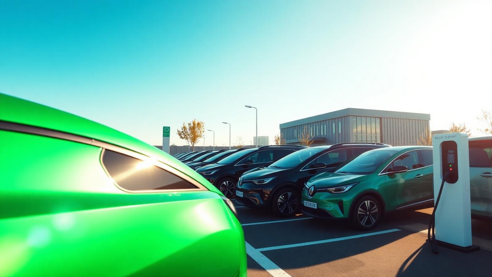 Morning sun across a clean outdoor charging plaza with a row of modern electric vehicles, the secondary EV market coming into view.