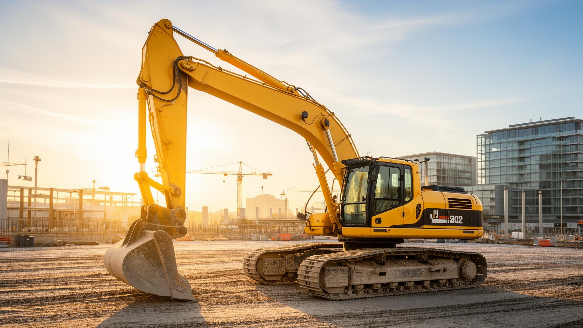 Morning light on a working construction site with a yellow excavator, the secondary equipment market we are studying.